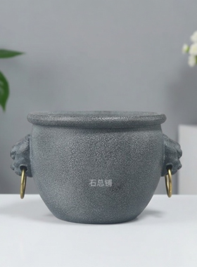 惠安石雕工艺天然乌金石双狮头缸储水茶桌雕刻居家茶桌装饰摆件