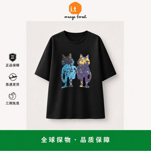 【现货】it orange forest水洗韩版洋气猫咪印花圆领短袖T恤上衣