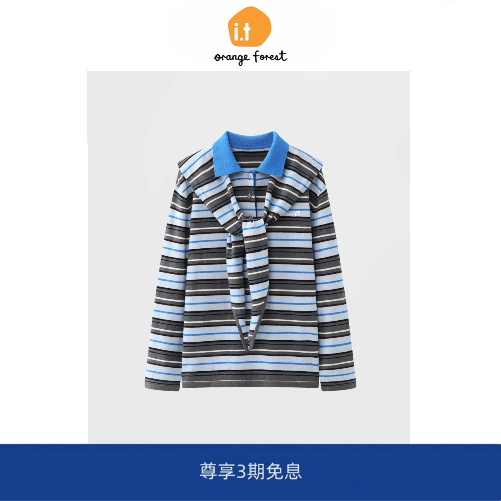it :orange forest新款时尚毛衣宽松休闲翻领长袖条纹针织衫上衣