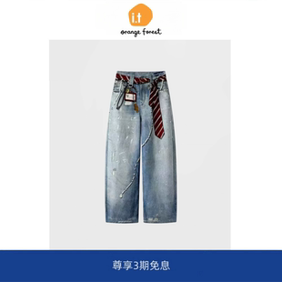2领带工牌印花牛仔长裤 orange forest领带印花牛仔裤 子 宽松裤