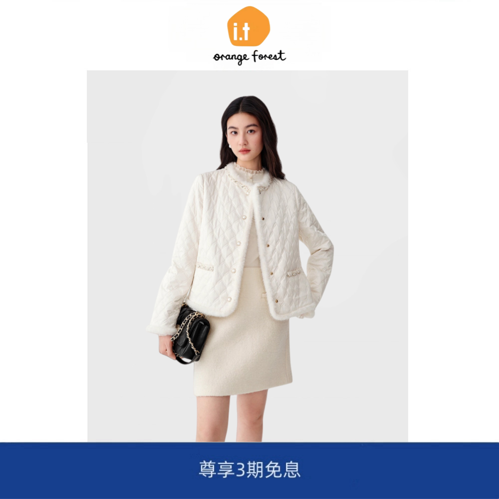 it :orange forest小香风手工钉珠棉服女气质轻薄短款菱格外套