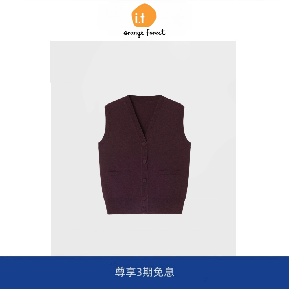 it :orange forest羊毛V领针织背心女 新款通勤马甲毛衣外套上衣