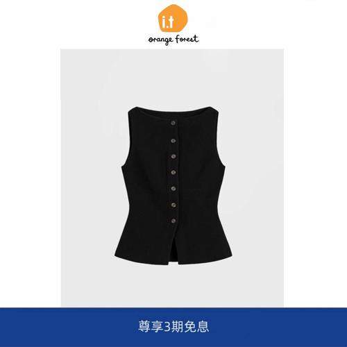 【现货】it orange forest修身版型针织纽扣马甲黑色春无袖针织衫