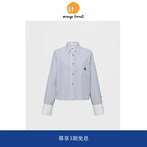 it :orange forest棉质蓝色条纹短款长袖衬衫女新款衬衣气质上衣