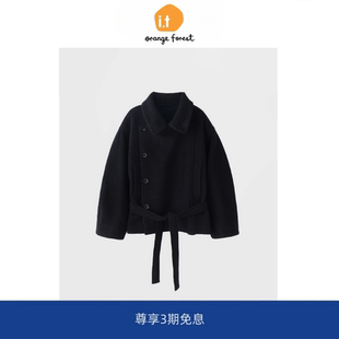 外套收腰上衣 forest老钱风翻领毛呢大衣系短款 orange