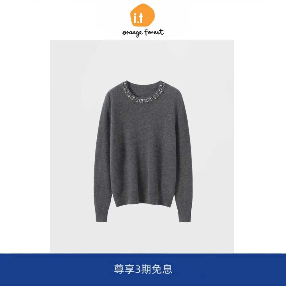 it :orange forest手工钻饰针织衫女 绵羊毛圆领长袖宽松套头毛衣
