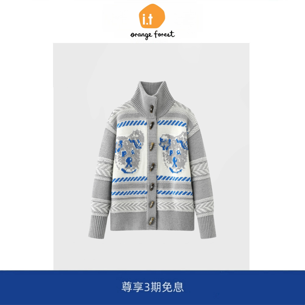 it :orange forest设计师款萌宠粗针提花毛衫外套宽松休闲毛衣女