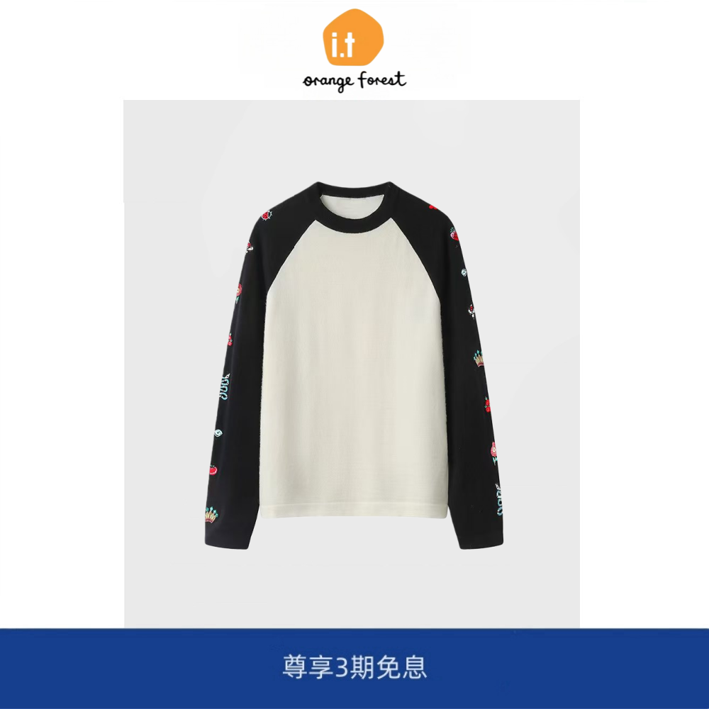 it :orange forest圆领长袖拼色刺绣针织衫女羊毛套衫上衣百搭T恤