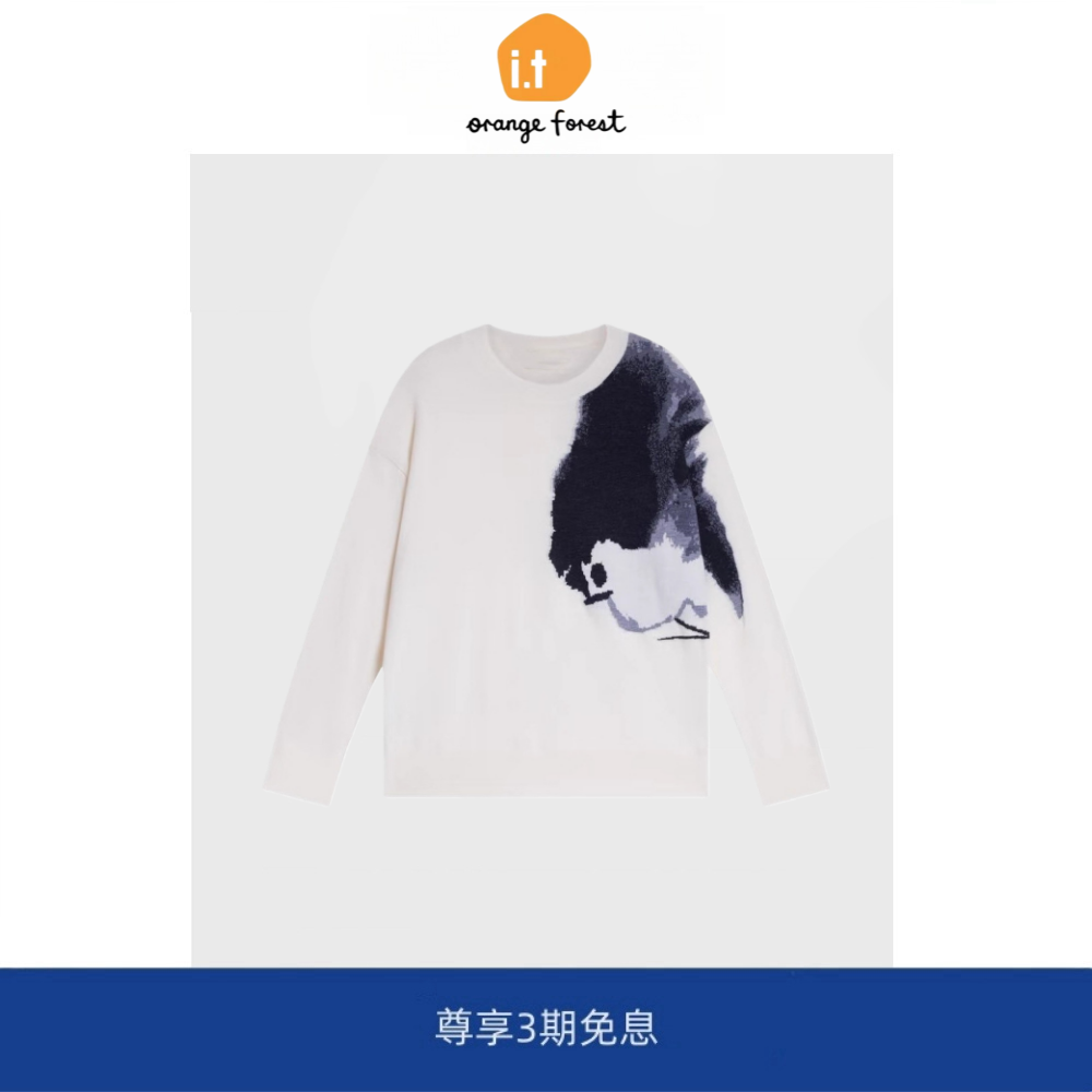 it :orange forest细支针织衫白色圆领长袖针织套头宽松休闲上衣