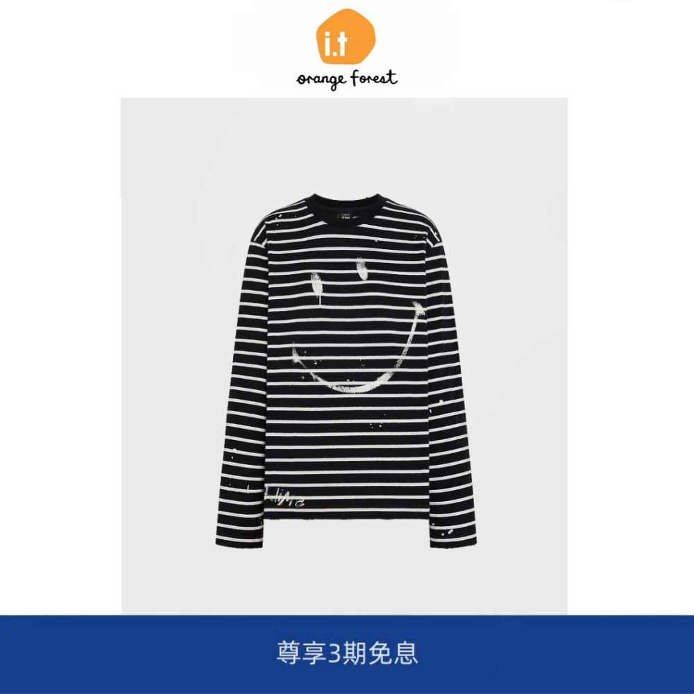 it :orange forest条纹长袖T恤棉质涂鸦印花笑脸休闲气质上衣打底