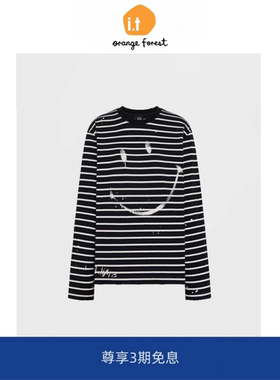 it :orange forest条纹长袖T恤棉质涂鸦印花笑脸休闲气质上衣打底