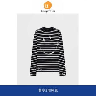 T恤棉质涂鸦印花笑脸休闲气质上衣打底 forest条纹长袖 orange