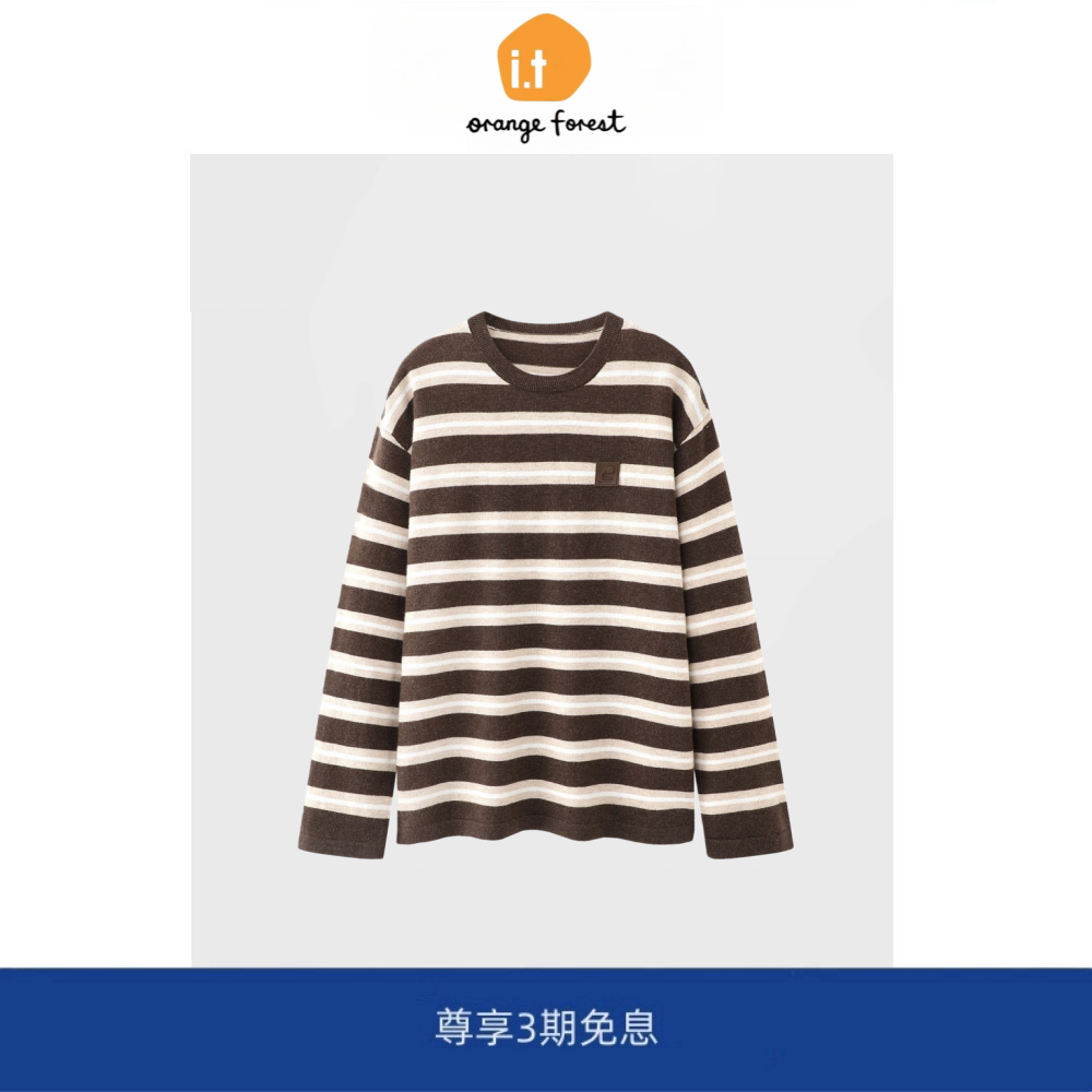 it :orange forest针织衫绵羊毛条纹宽松上衣女圆领宽松休闲毛衣