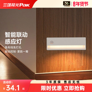 三雄极光楼梯感应灯免布线家用楼梯走廊玄关墙角夜灯小山丘波纹灯