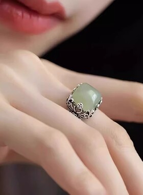 新中式仿玉镂空铜钱开口戒指女