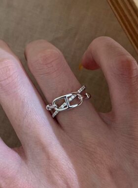 韩系ins风轻奢猪鼻镶钻交叉戒指女时尚潮流百搭通勤指环可调节