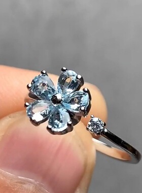 清冷感韩系蓝色花朵锆石戒指