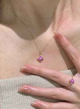 薰衣草玫色法式四叶草项链宫廷风