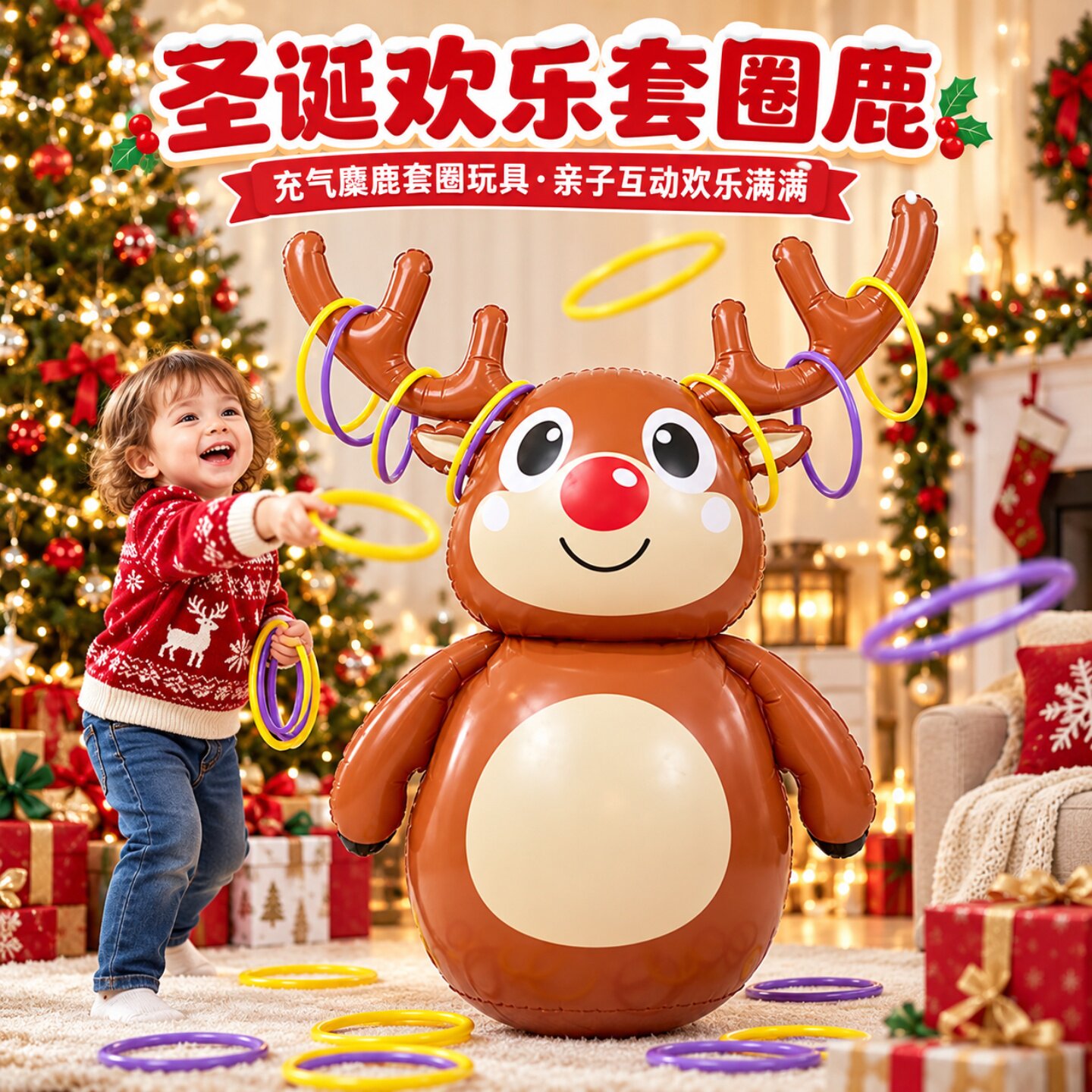 充气雪人小鹿万圣诞节老人儿童套圈玩具不倒翁节日派对装饰大道具