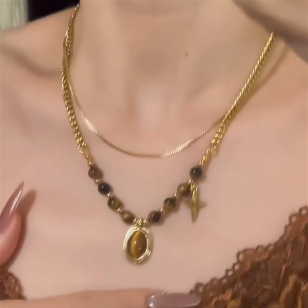 秋冬美拉德串珠仿虎眼石吊坠项链