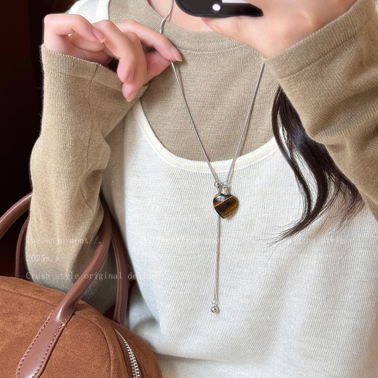 虎眼石爱心抽拉项链女款高级配饰