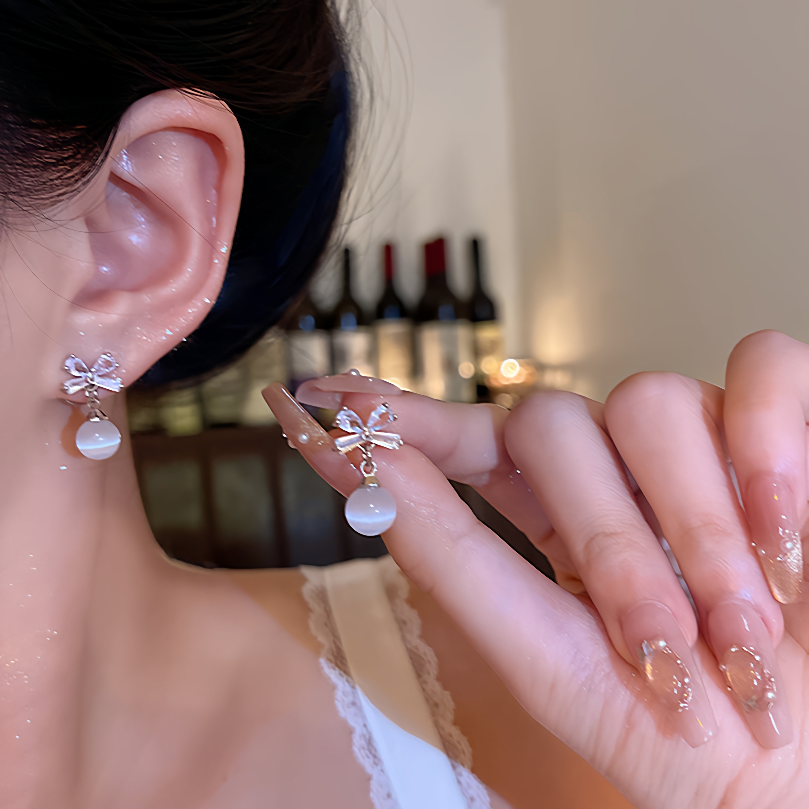 精致蝴蝶结锆石耳钉女爆款小众高级感猫眼石吊坠耳环明星同款耳饰