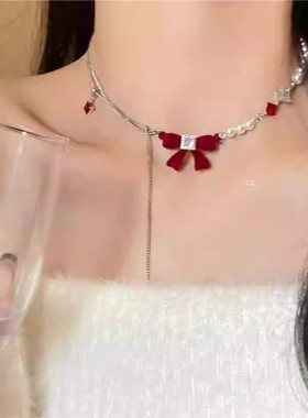 红色丝绒蝴蝶结珍珠项链女毛衣链