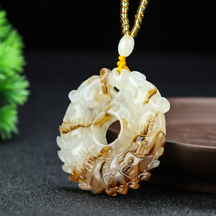 新疆和田玉糖白羊脂玉双龙戏珠挂件玉石玉璧玉佩双龙平安玉环吊坠