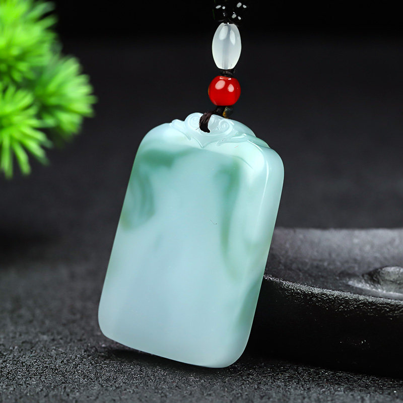 新疆和田玉平安无事牌吊坠男女款青花玉飘花玉石祥云无字牌项链坠