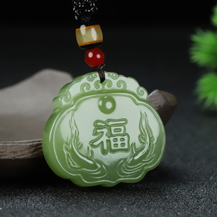 和田玉烟灰福字鱼玉锁吊坠且末蓝双面雕刻莲花长命锁富贵有余挂件