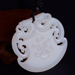 新疆玉和田玉羊脂玉籽料玉白玉吊坠仿古兽面双龙牌玉坠玉牌玉挂件