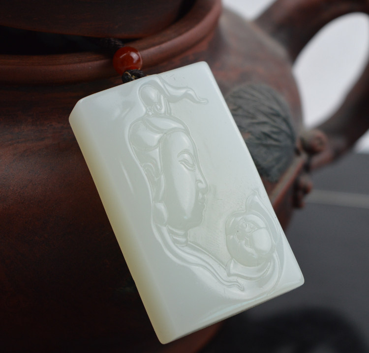 新疆玉和田玉籽料玉观音玉牌 羊脂玉白玉侧脸观音挂件玉莲花观音