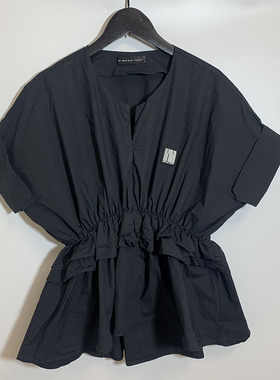 圣迪家女士收腰木耳边短袖衬衫全棉面料0445