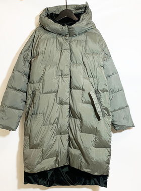 圣迪家女式高领连帽拼接插袋长款羽绒服2476