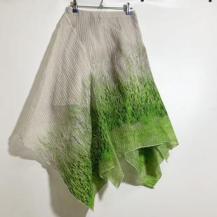 圣迪家女士清新印花不规则摆肌理感半身长裙断码清仓1174