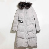 圣迪家女式 简约直筒灰调连帽真毛条厚款 保暖羽绒服2432