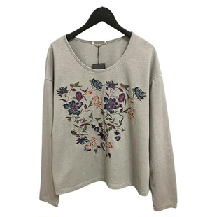 圣迪家女式 全棉T恤上衣0299 刺绣花卉圆领长袖