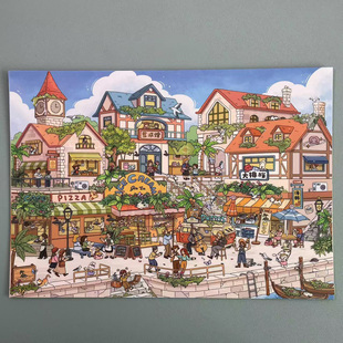 小也手账海滨小镇3d造景贴纸造景微缩场景diy贴纸解压手账贴纸