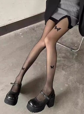 品尧黑色蝴蝶结丝袜春秋款女性感黑丝连裤袜可爱印花洛丽塔打底袜