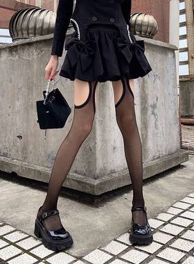 一体式吊带丝袜黑色镂空性感连体情趣长筒黑丝薄款透明 大腿白丝
