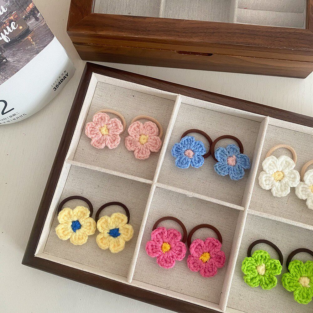 纯手工钩花毛线花朵发圈ins女宝宝头绳女童头饰不伤发小皮筋