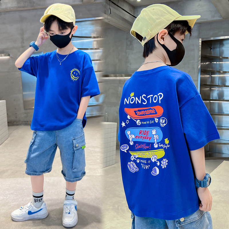 男童纯棉短袖t恤中大童夏季韩版印花上衣儿童帅气男孩宽松体恤衫