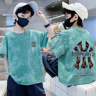 (100%纯棉)扎染童装男童t恤短袖夏装儿童中大童男孩上衣宽松半袖