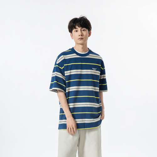 YOKE  STUDIO 夏季新款圆领条纹短袖T恤宽松休闲上衣男