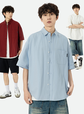 YOKE STUDIO日系cityboy夏季新款纯色短袖衬衫男休闲宽松纯棉衬衣