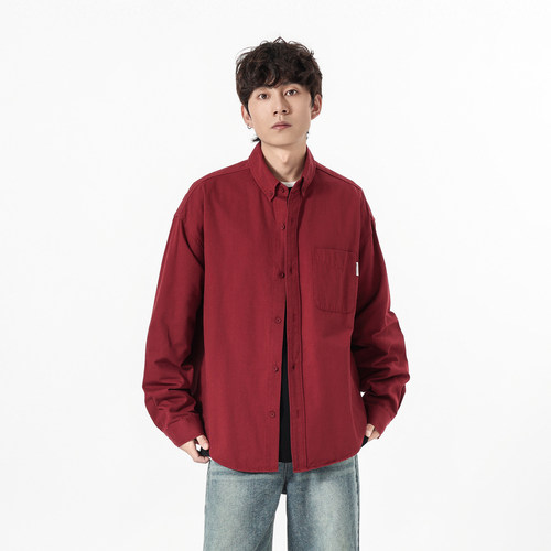 美式复古酒红色长袖衬衫