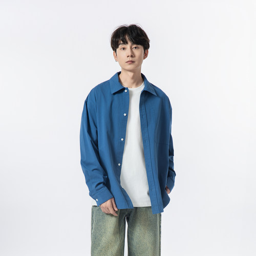 YOKE  STUDIO 纯棉宽松休闲纯色翻领长袖衬衣 百搭日系秋季新款