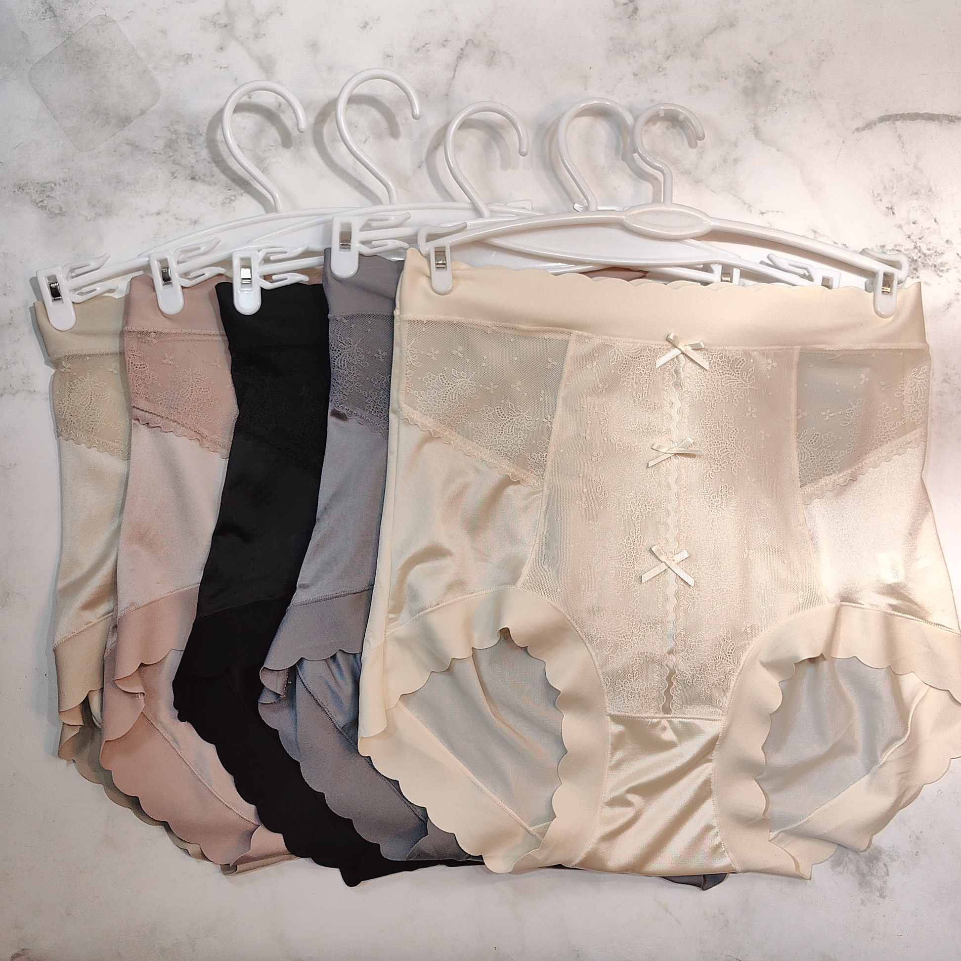 艾橘n908D高腰收腹丝绸缎面丝滑蕾丝性感无痕收小肚腩塑腰蚕丝裤