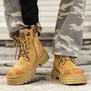 靴 英伦工装 真皮马丁靴男高帮2025冬季 大黄靴增高6cm加绒保暖棉鞋