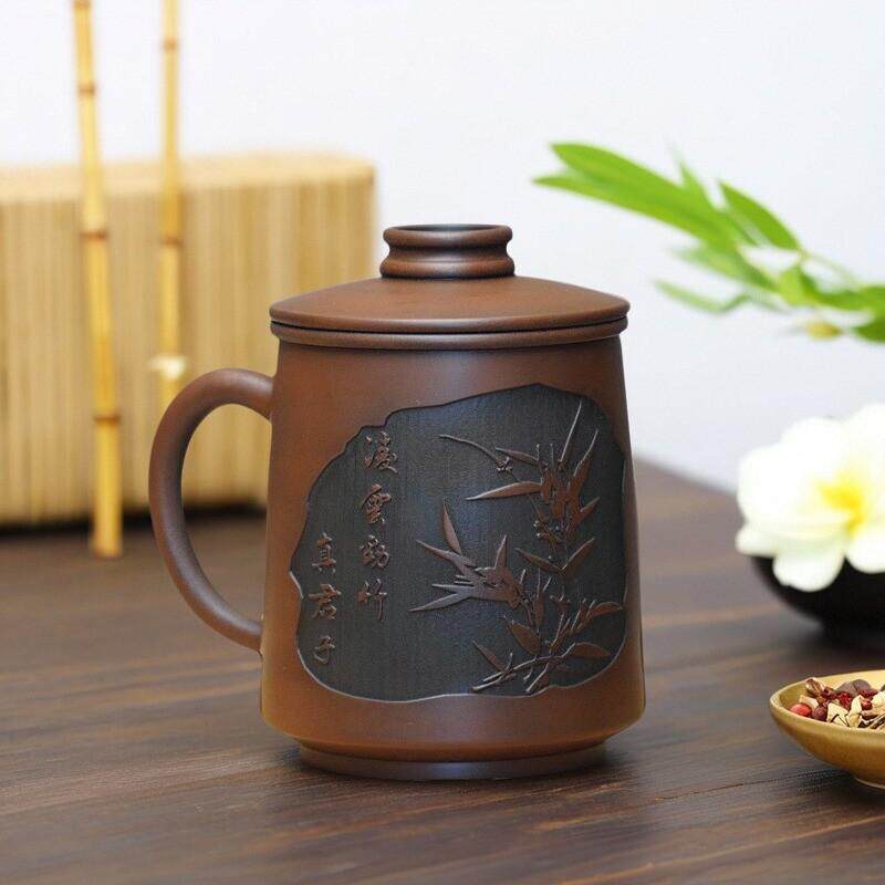 云南建水紫陶手绘陶瓷办公杯茶杯带盖泡茶杯茶水分离带过滤泡茶杯